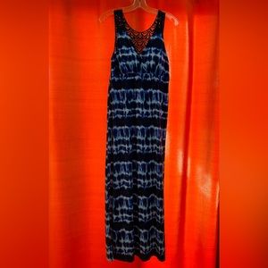 Maxi dress size 8-10 blue and white lace shoulders and back.